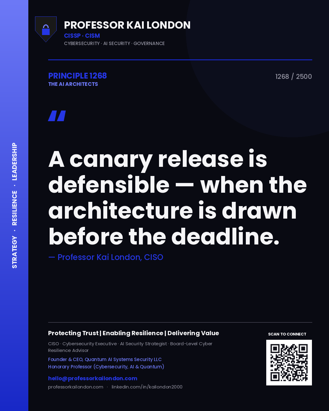 Professor Kai London principle 1268: A canary release is defensible — when the architecture is drawn before the deadline.