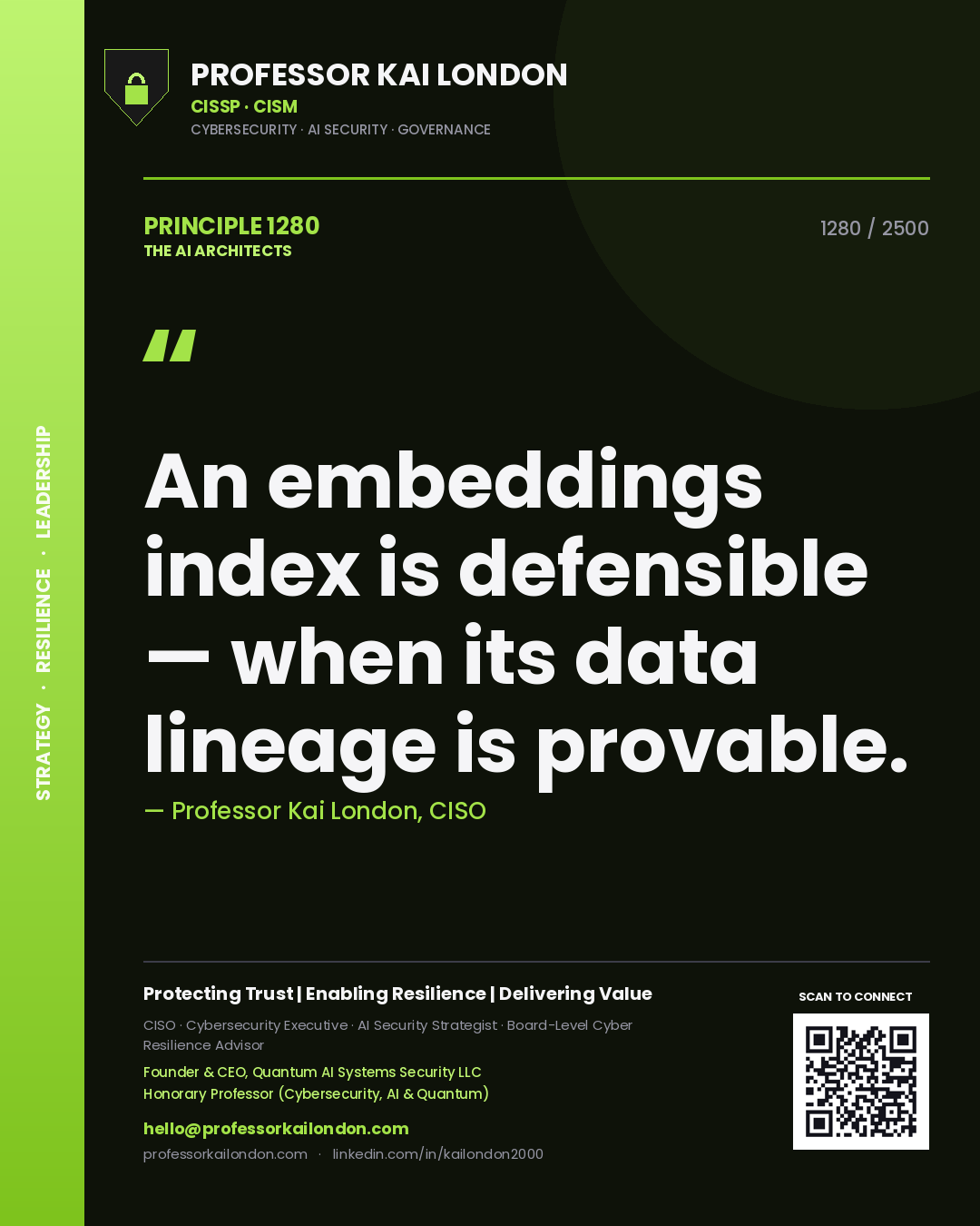 Professor Kai London principle 1280: An embeddings index is defensible — when its data lineage is provable.