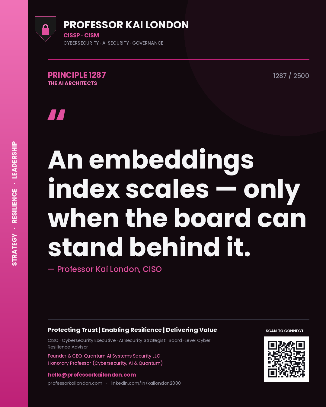 Professor Kai London principle 1287: An embeddings index scales — only when the board can stand behind it.