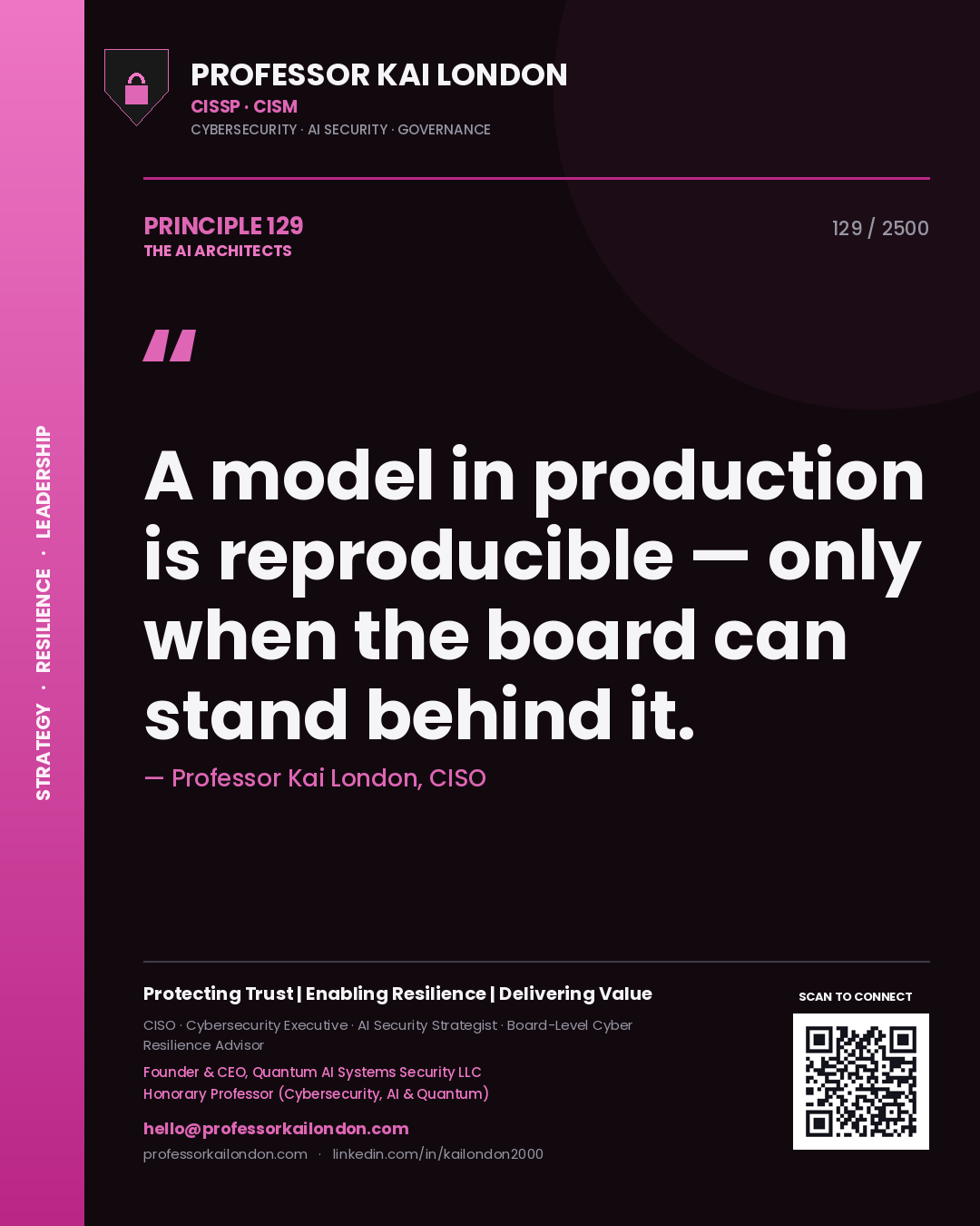 Professor Kai London principle 129: A model in production is reproducible — only when the board can stand behind it.