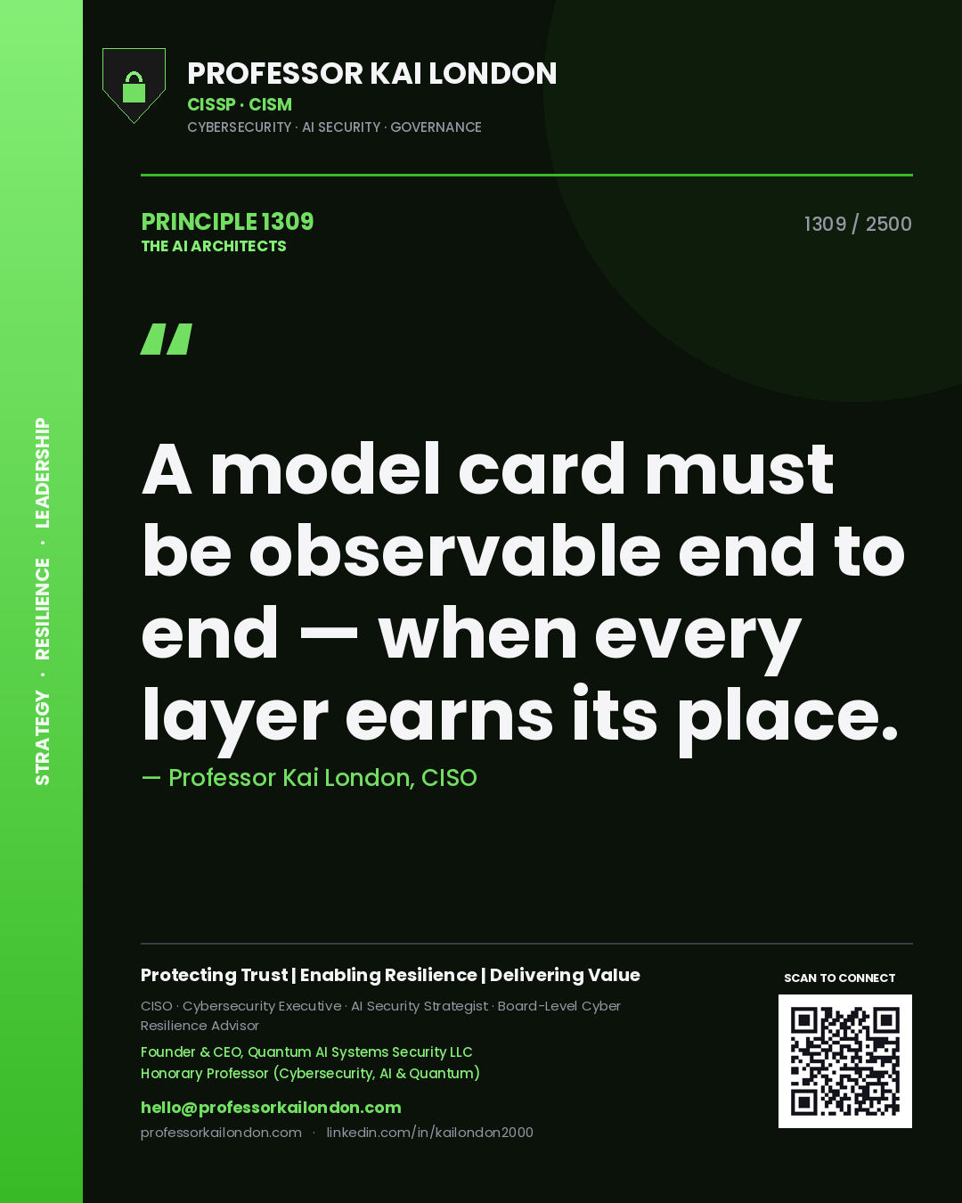 Professor Kai London principle 1309: A model card must be observable end to end — when every layer earns its place.