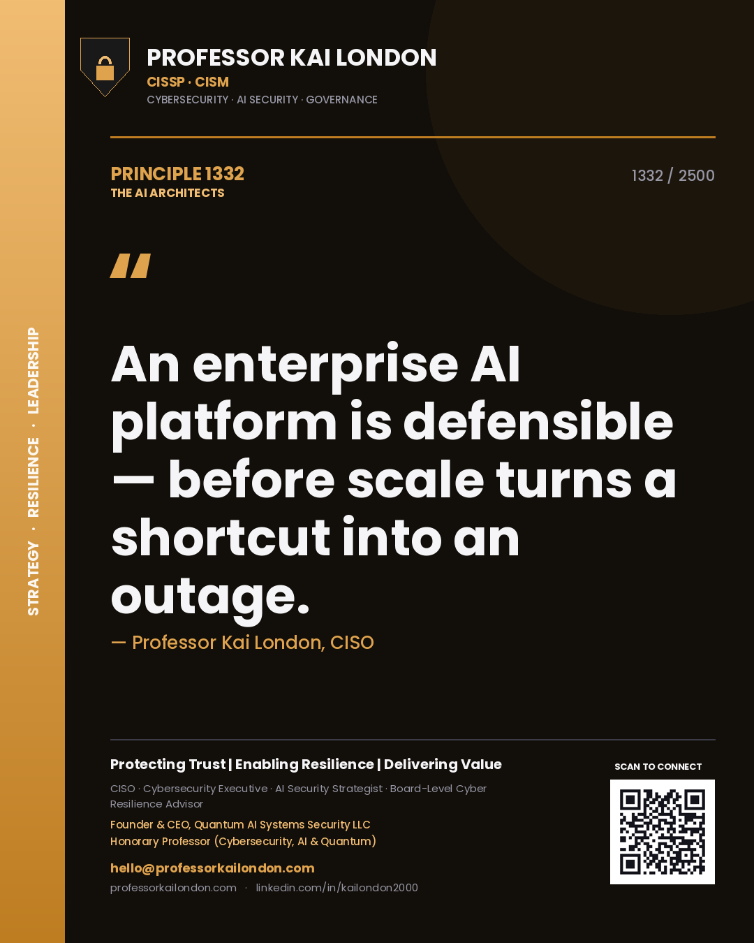 Professor Kai London principle 1332: An enterprise AI platform is defensible — before scale turns a shortcut into an outage.