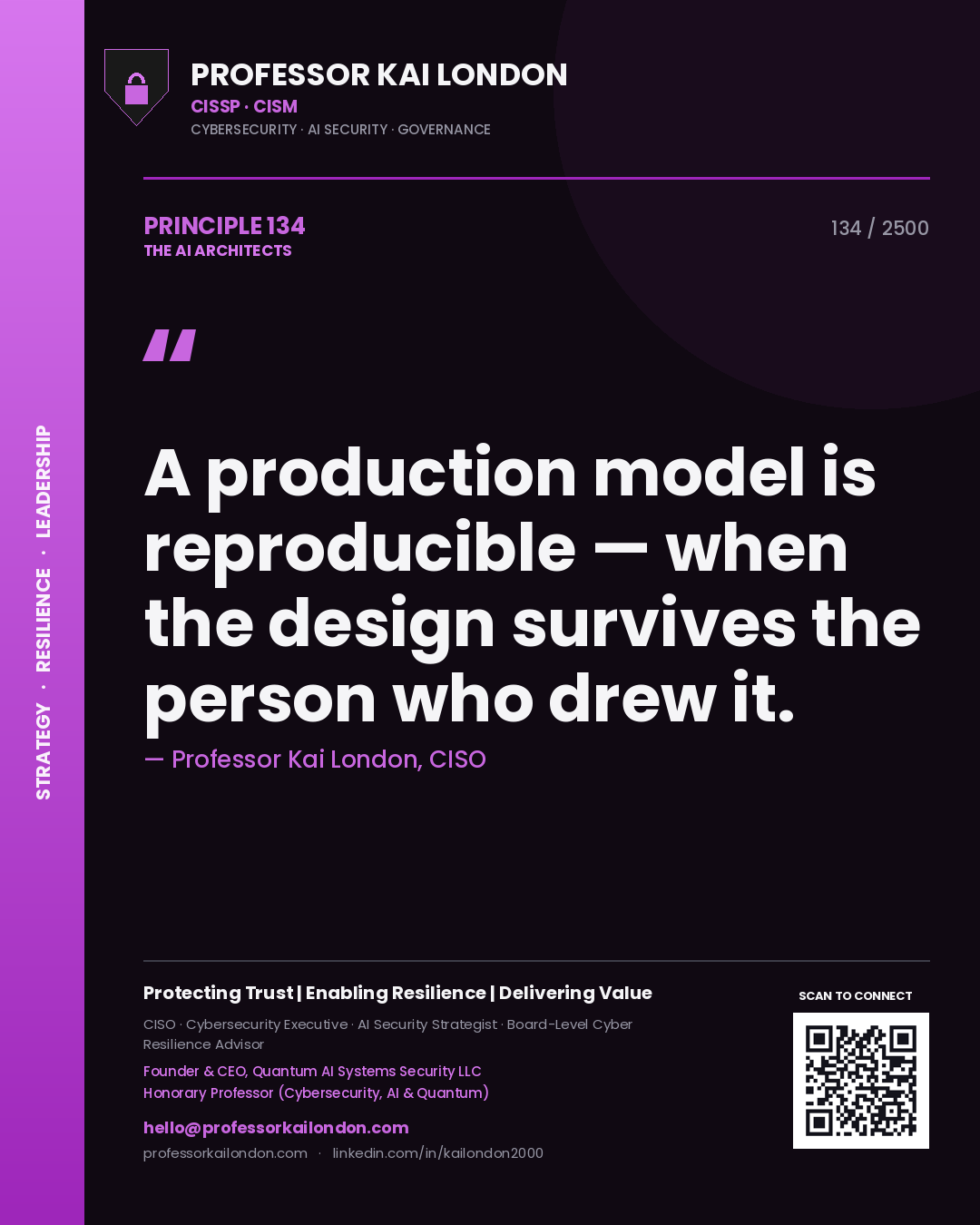 Professor Kai London principle 134: A production model is reproducible — when the design survives the person who drew it.