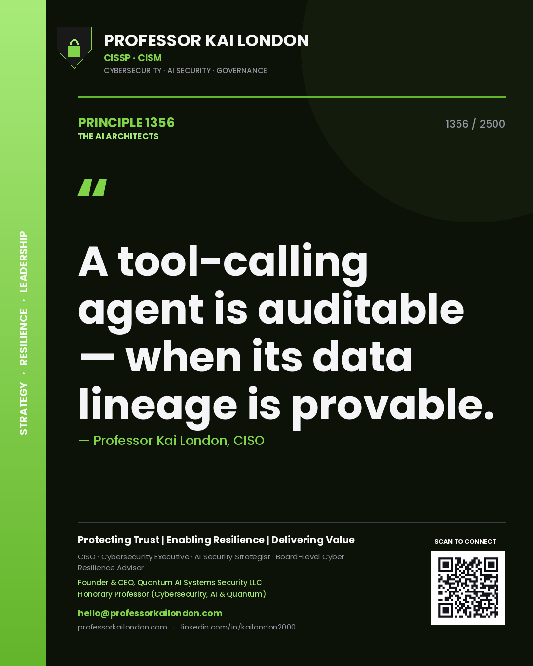 Professor Kai London principle 1356: A tool-calling agent is auditable — when its data lineage is provable.