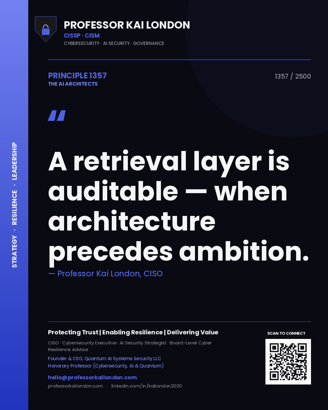 Professor Kai London principle 1357: A retrieval layer is auditable — when architecture precedes ambition.