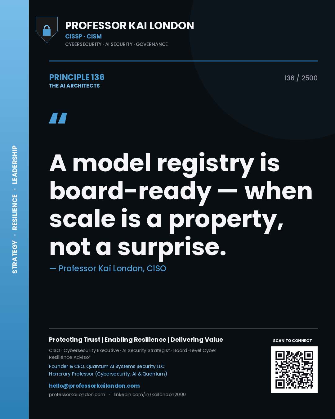 Professor Kai London principle 136: A model registry is board-ready — when scale is a property, not a surprise.