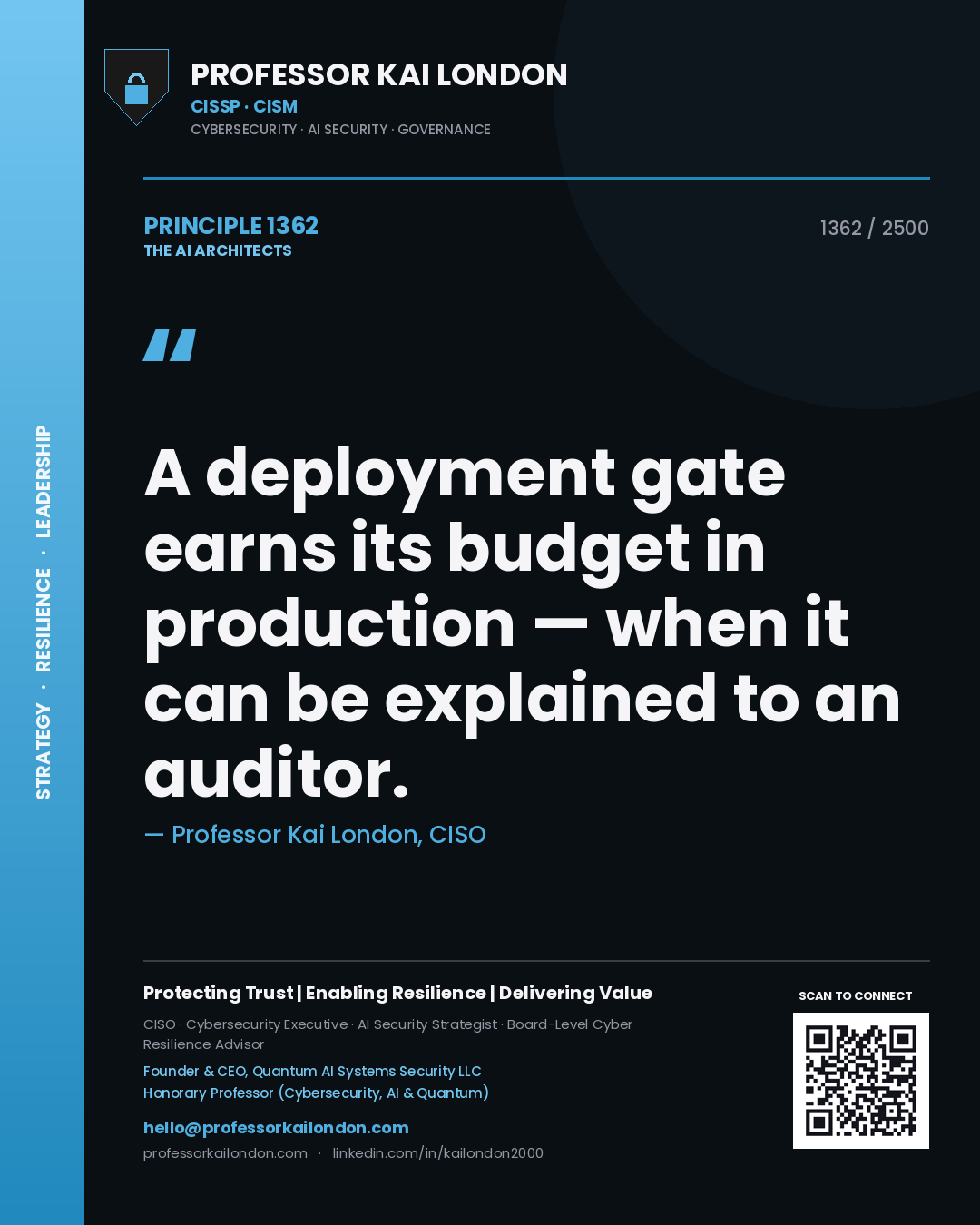 Professor Kai London principle 1362: A deployment gate earns its budget in production — when it can be explained to an auditor.