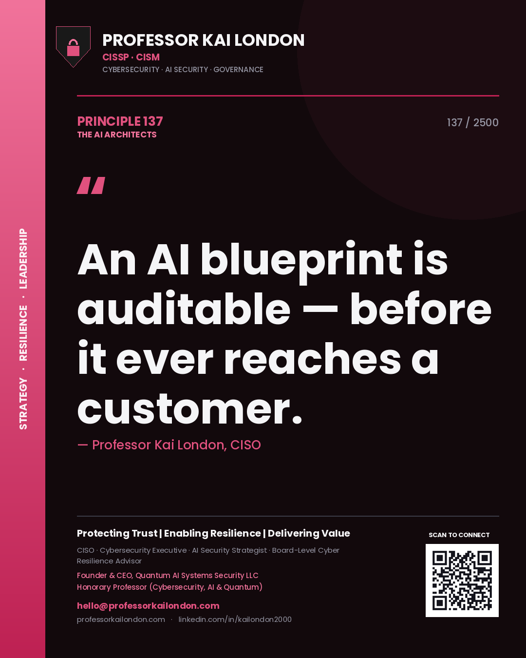 Professor Kai London principle 137: An AI blueprint is auditable — before it ever reaches a customer.