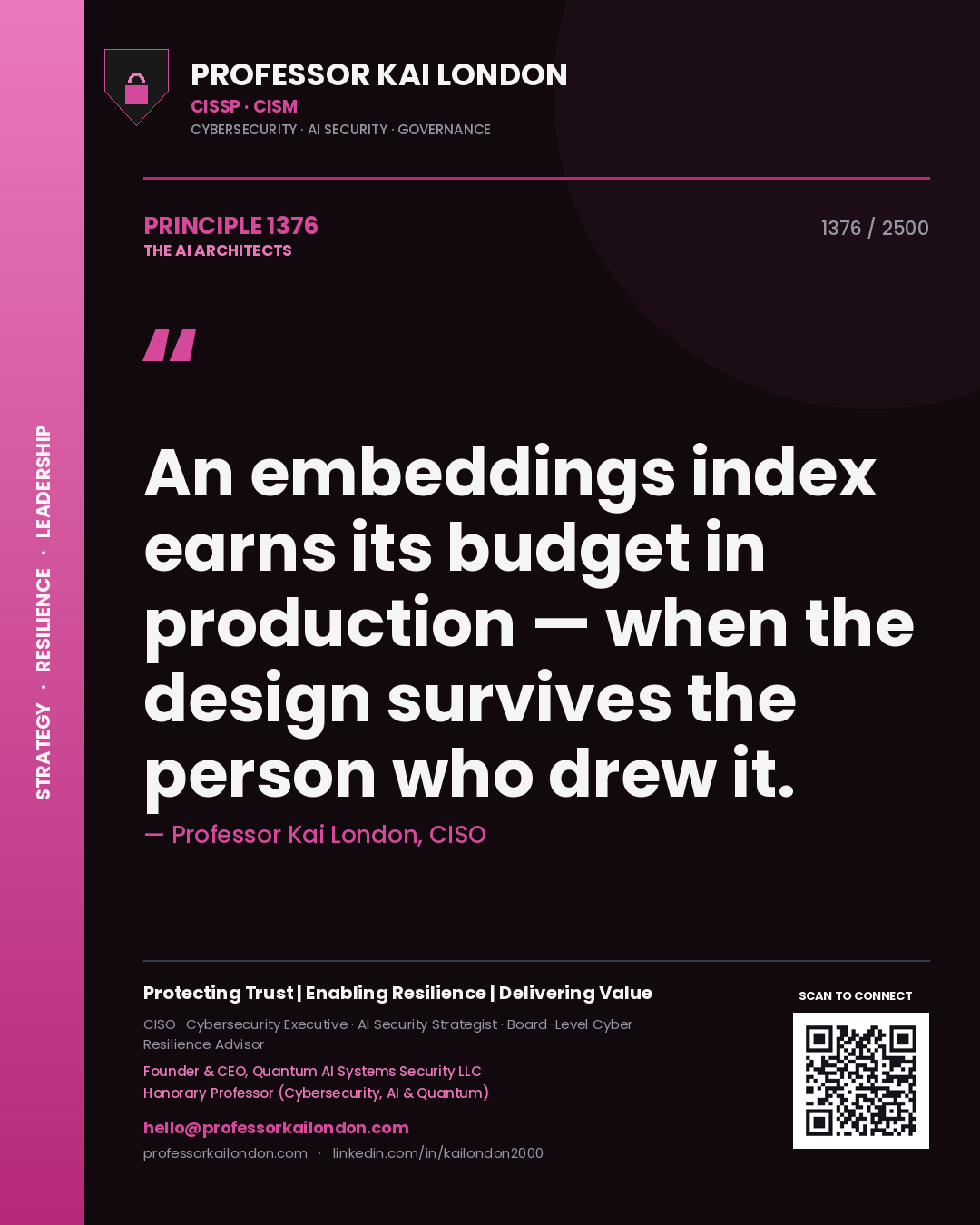Professor Kai London principle 1376: An embeddings index earns its budget in production — when the design survives the person who drew it.