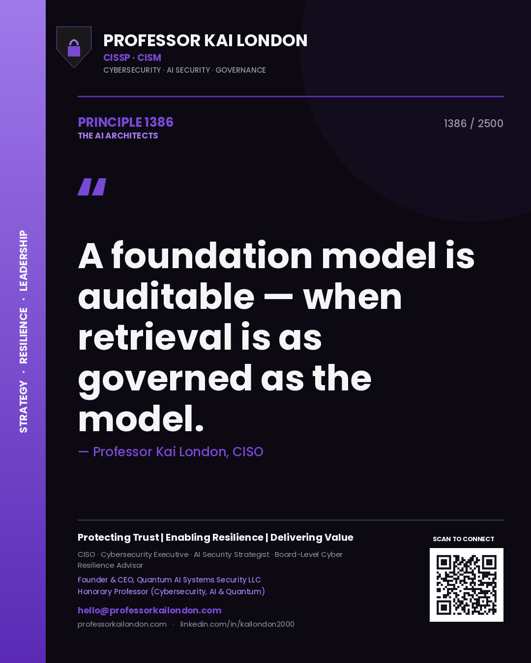 Professor Kai London principle 1386: A foundation model is auditable — when retrieval is as governed as the model.