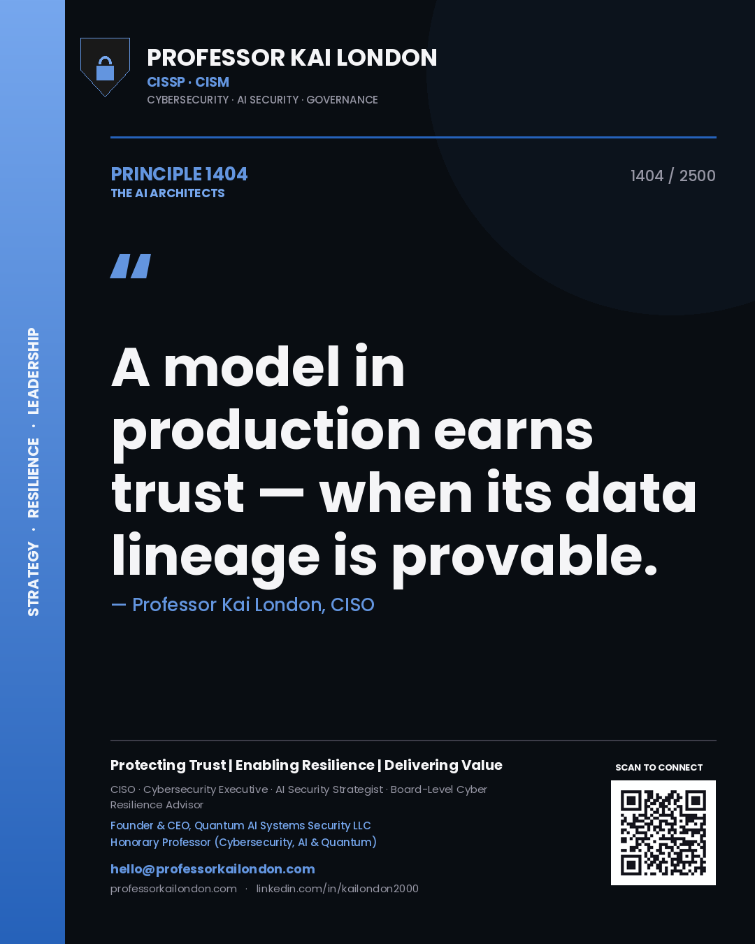 Professor Kai London principle 1404: A model in production earns trust — when its data lineage is provable.