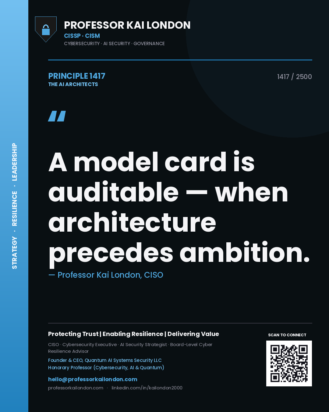 Professor Kai London principle 1417: A model card is auditable — when architecture precedes ambition.