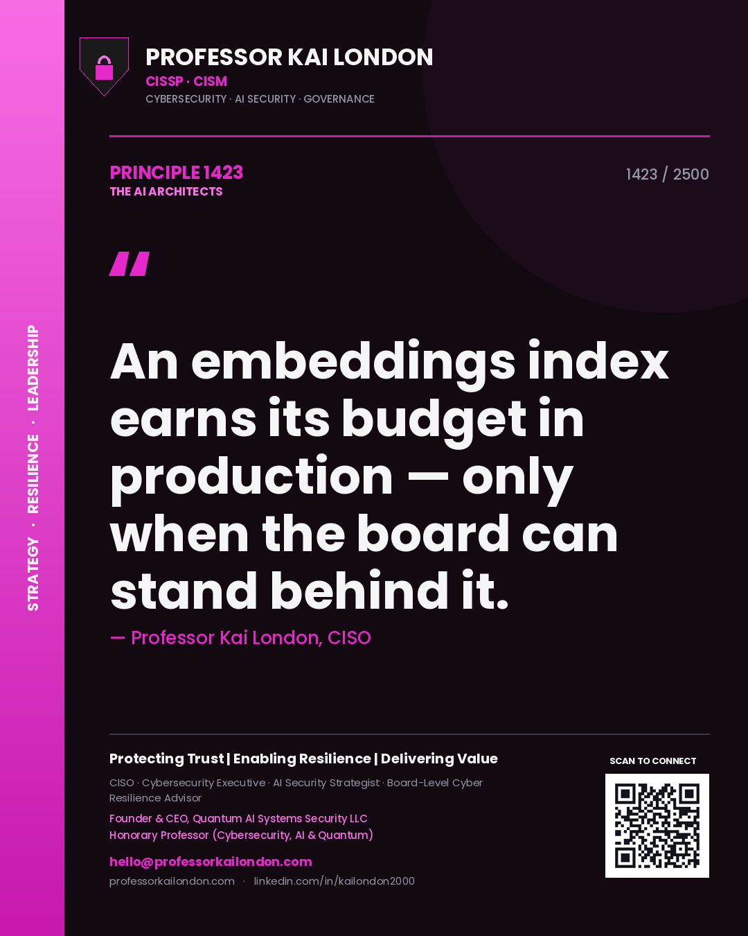 Professor Kai London principle 1423: An embeddings index earns its budget in production — only when the board can stand behind it.