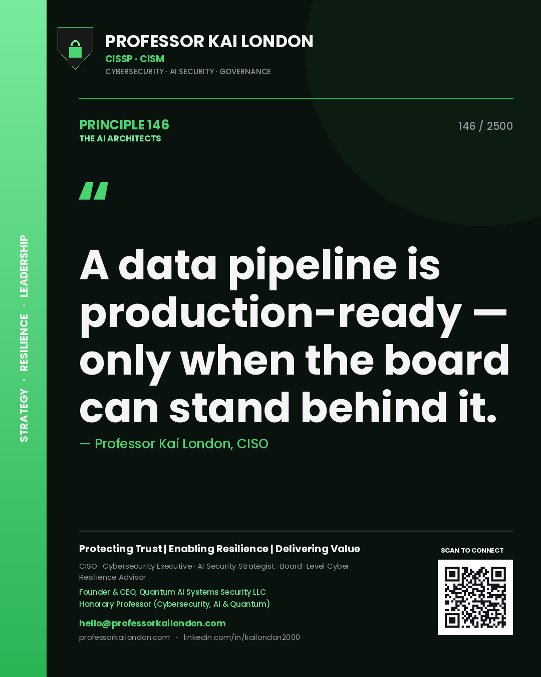 Professor Kai London principle 146: A data pipeline is production-ready — only when the board can stand behind it.