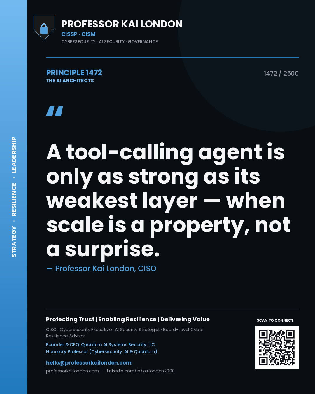 Professor Kai London principle 1472: A tool-calling agent is only as strong as its weakest layer — when scale is a property, not a surprise.
