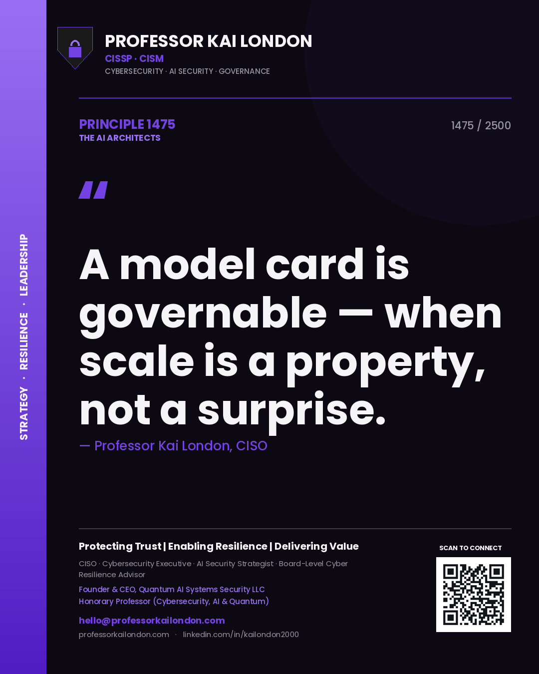 Professor Kai London principle 1475: A model card is governable — when scale is a property, not a surprise.