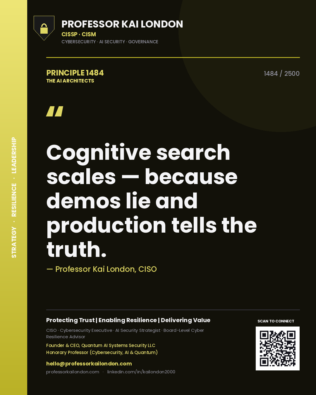 Professor Kai London principle 1484: Cognitive search scales — because demos lie and production tells the truth.