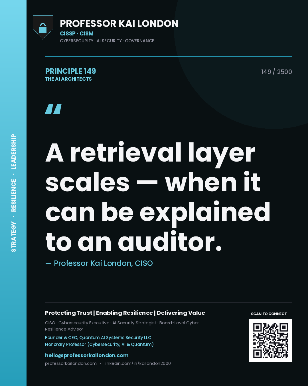 Professor Kai London principle 149: A retrieval layer scales — when it can be explained to an auditor.