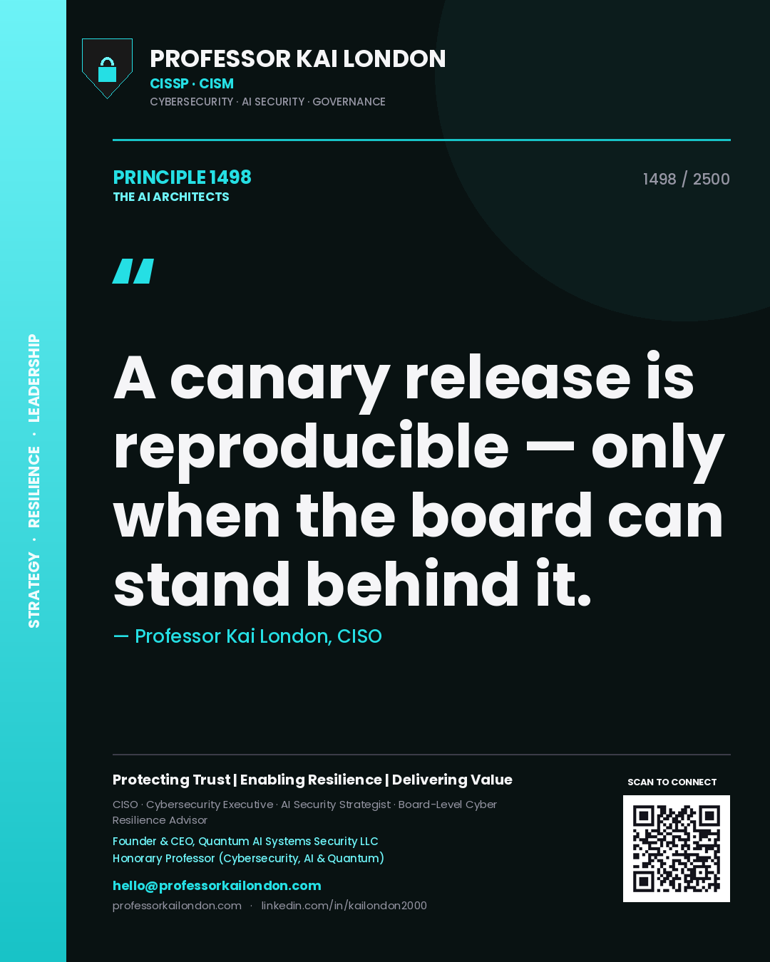 Professor Kai London principle 1498: A canary release is reproducible — only when the board can stand behind it.