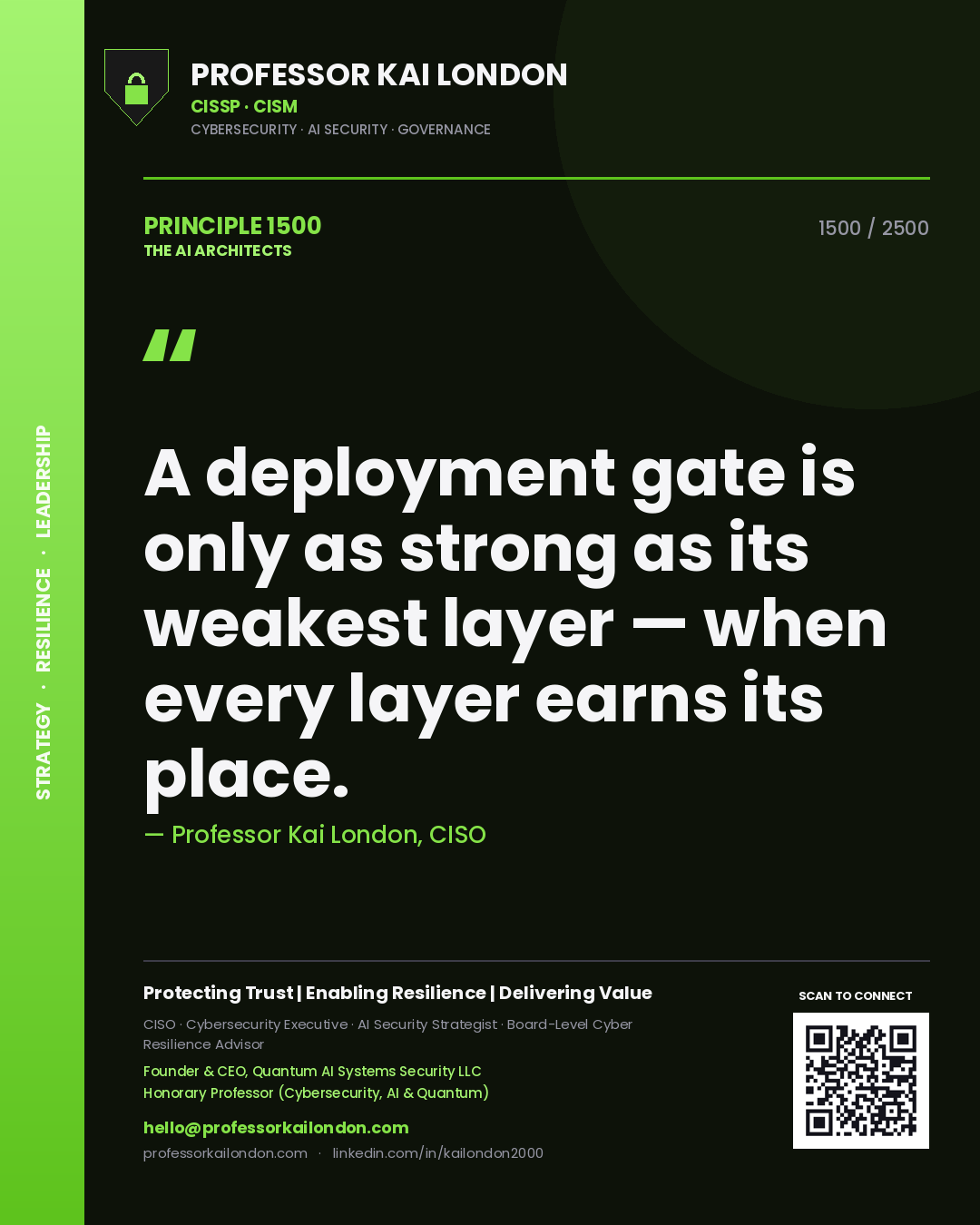Professor Kai London principle 1500: A deployment gate is only as strong as its weakest layer — when every layer earns its place.