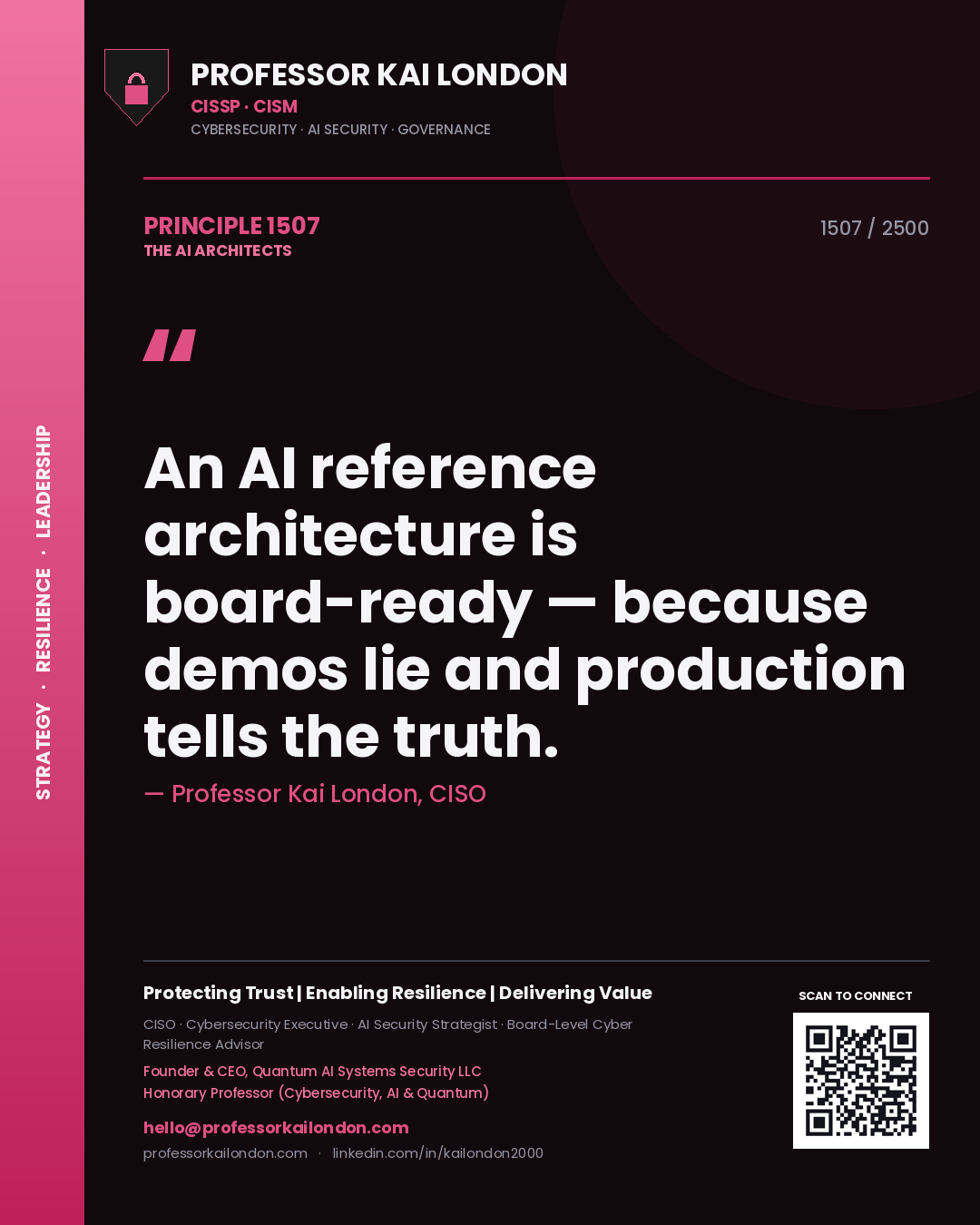 Professor Kai London principle 1507: An AI reference architecture is board-ready — because demos lie and production tells the truth.