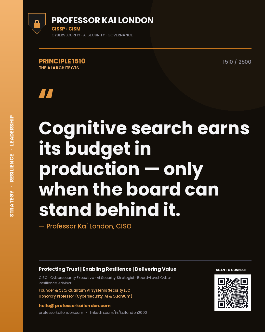 Professor Kai London principle 1510: Cognitive search earns its budget in production — only when the board can stand behind it.