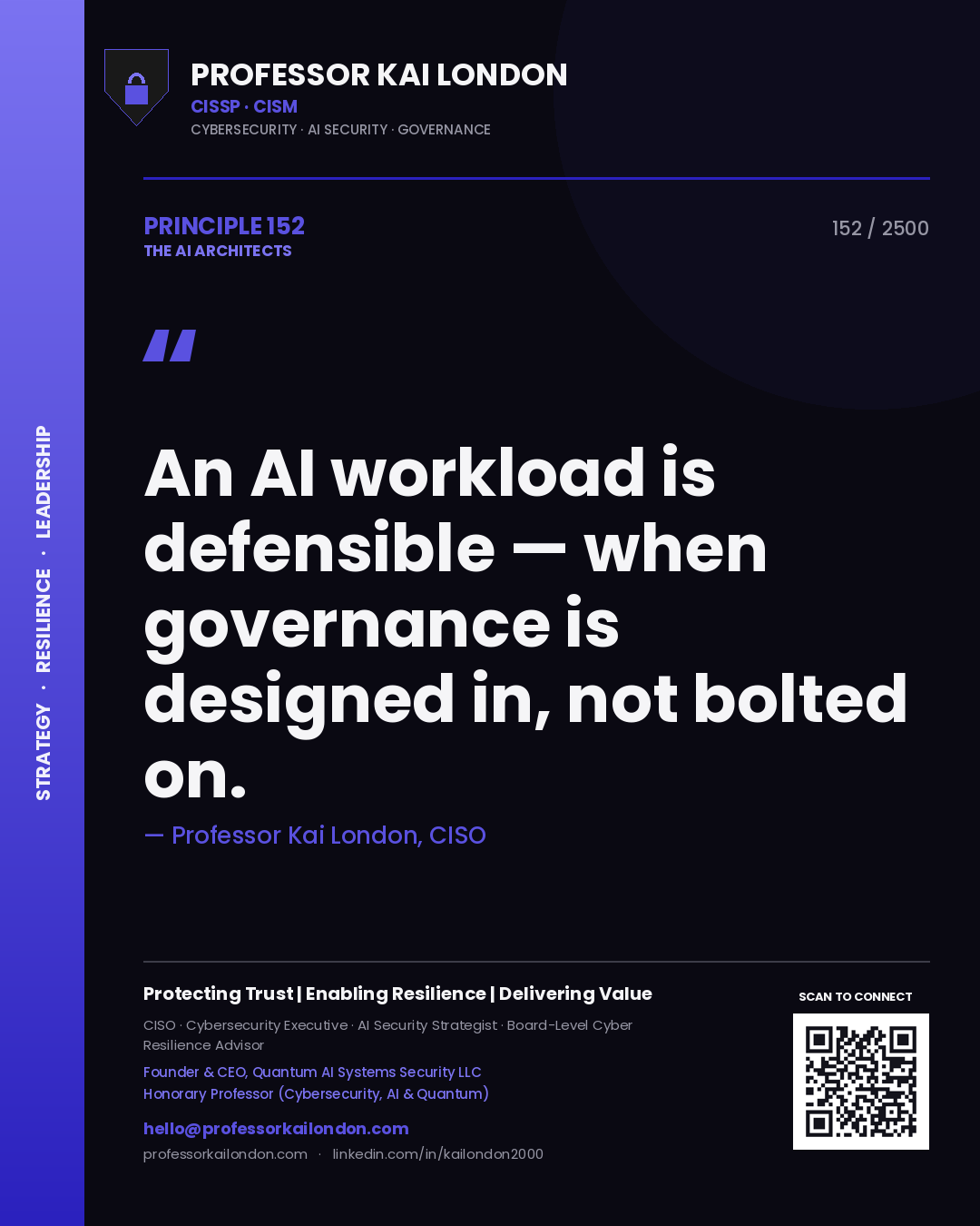 Professor Kai London principle 152: An AI workload is defensible — when governance is designed in, not bolted on.