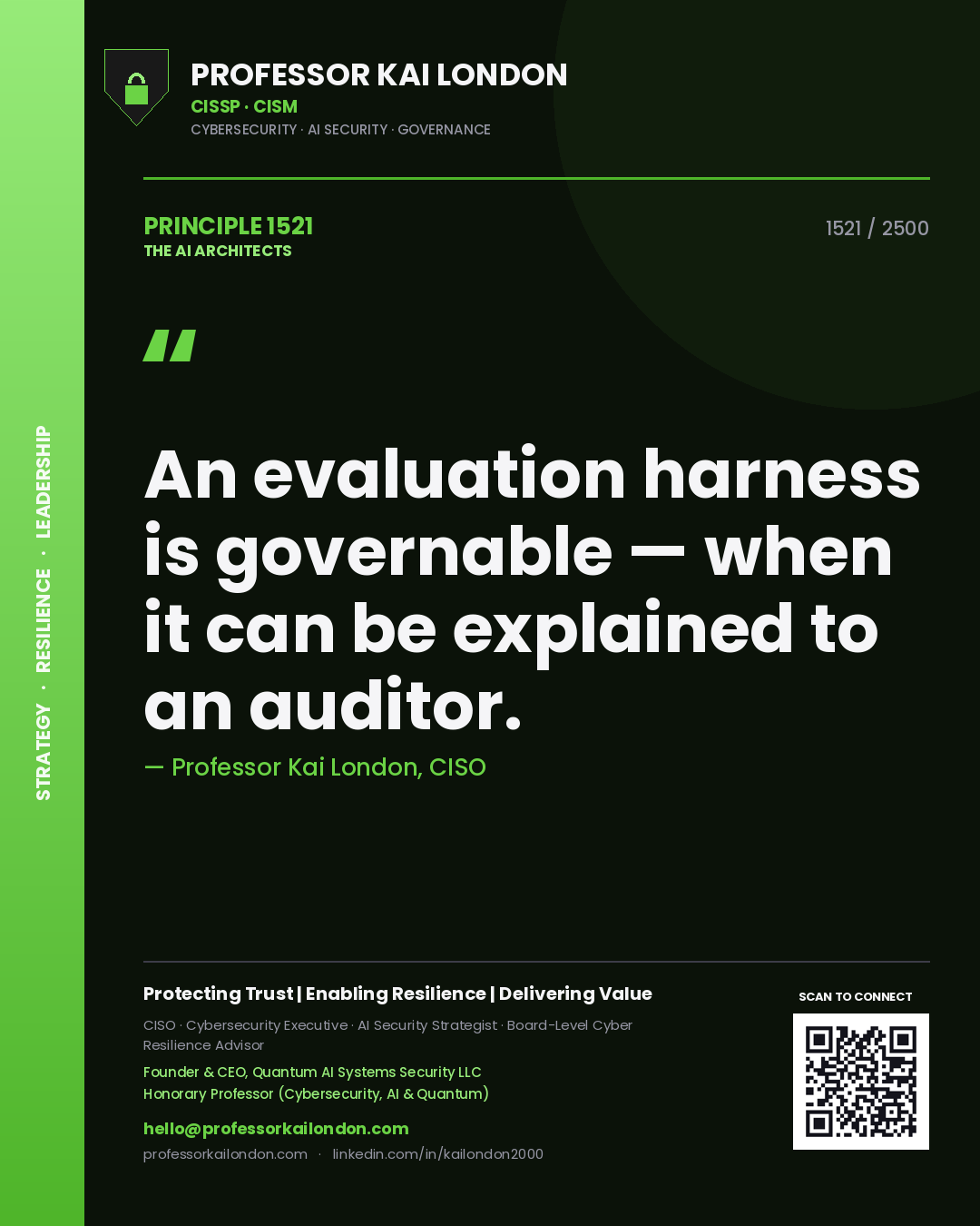 Professor Kai London principle 1521: An evaluation harness is governable — when it can be explained to an auditor.