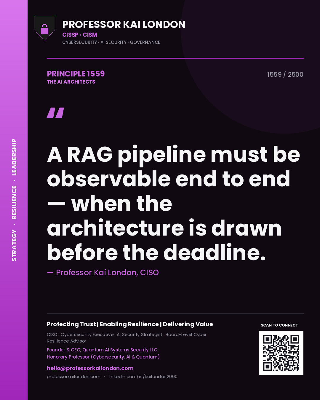 Professor Kai London principle 1559: A RAG pipeline must be observable end to end — when the architecture is drawn before the deadline.