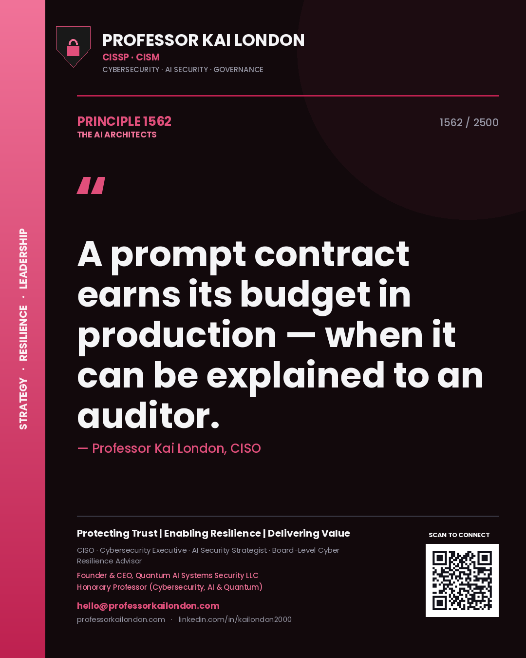 Professor Kai London principle 1562: A prompt contract earns its budget in production — when it can be explained to an auditor.
