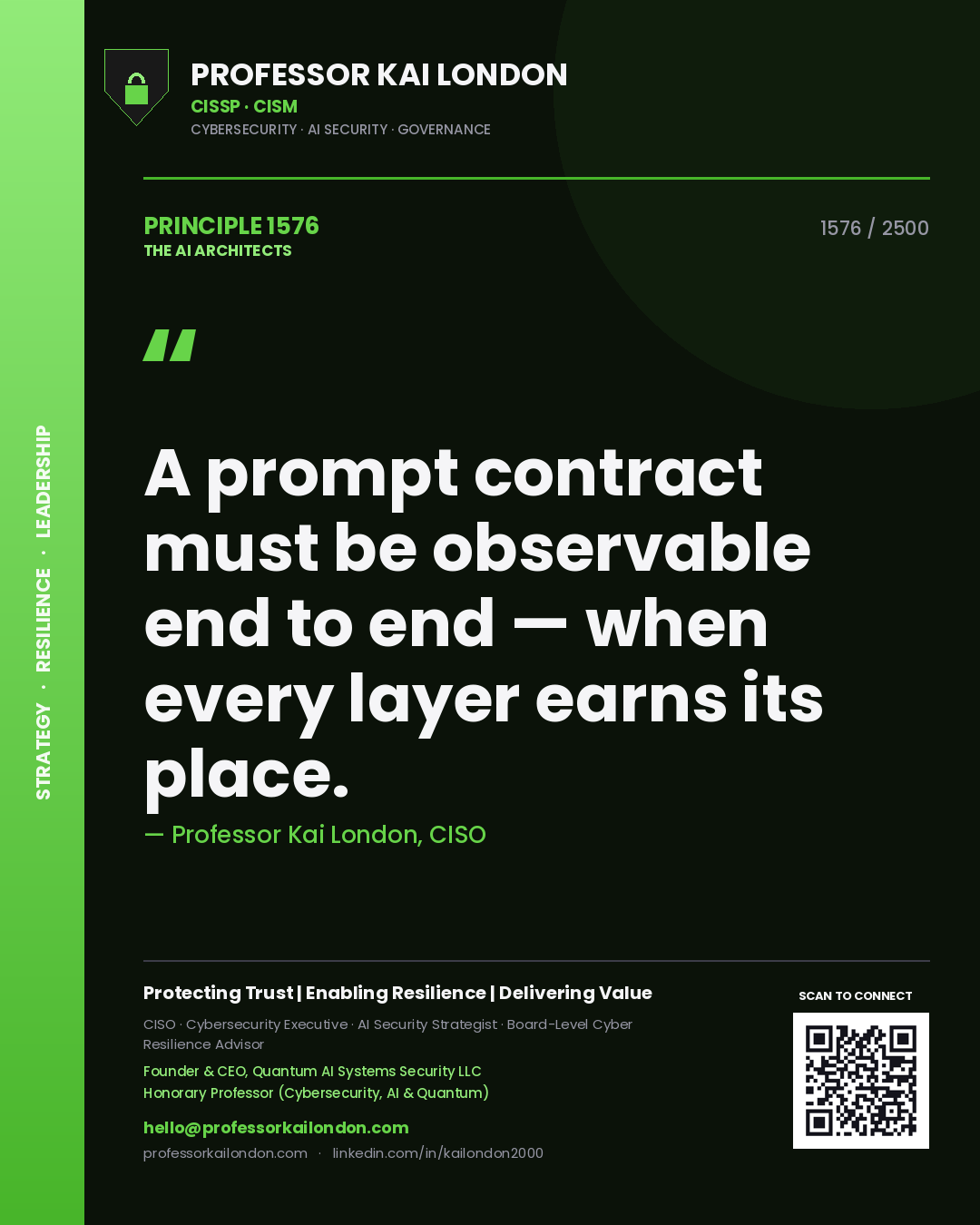 Professor Kai London principle 1576: A prompt contract must be observable end to end — when every layer earns its place.