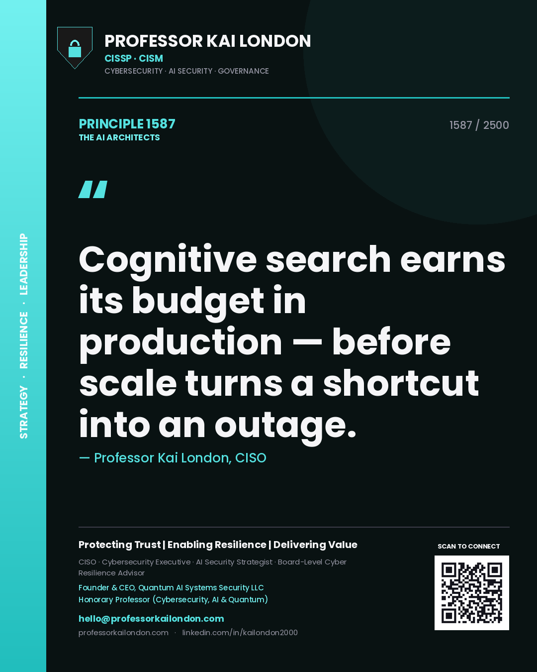 Professor Kai London principle 1587: Cognitive search earns its budget in production — before scale turns a shortcut into an outage.