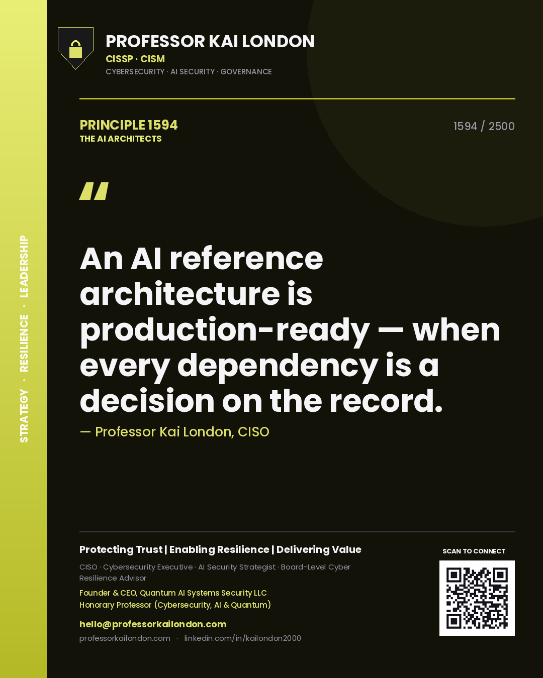 Professor Kai London principle 1594: An AI reference architecture is production-ready — when every dependency is a decision on the record.