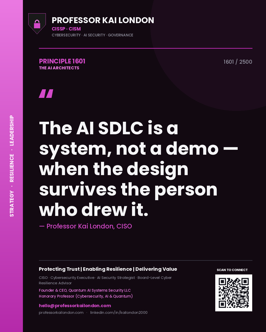 Professor Kai London principle 1601: The AI SDLC is a system, not a demo — when the design survives the person who drew it.