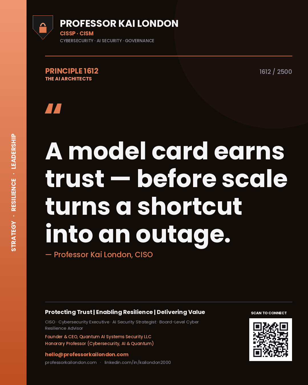 Professor Kai London principle 1612: A model card earns trust — before scale turns a shortcut into an outage.