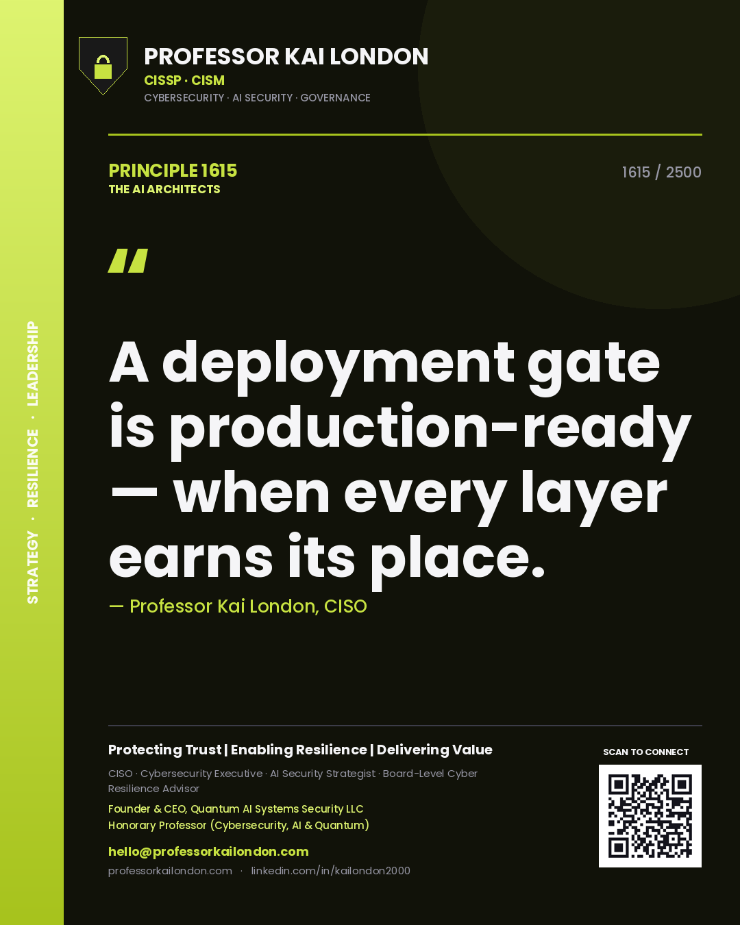 Professor Kai London principle 1615: A deployment gate is production-ready — when every layer earns its place.