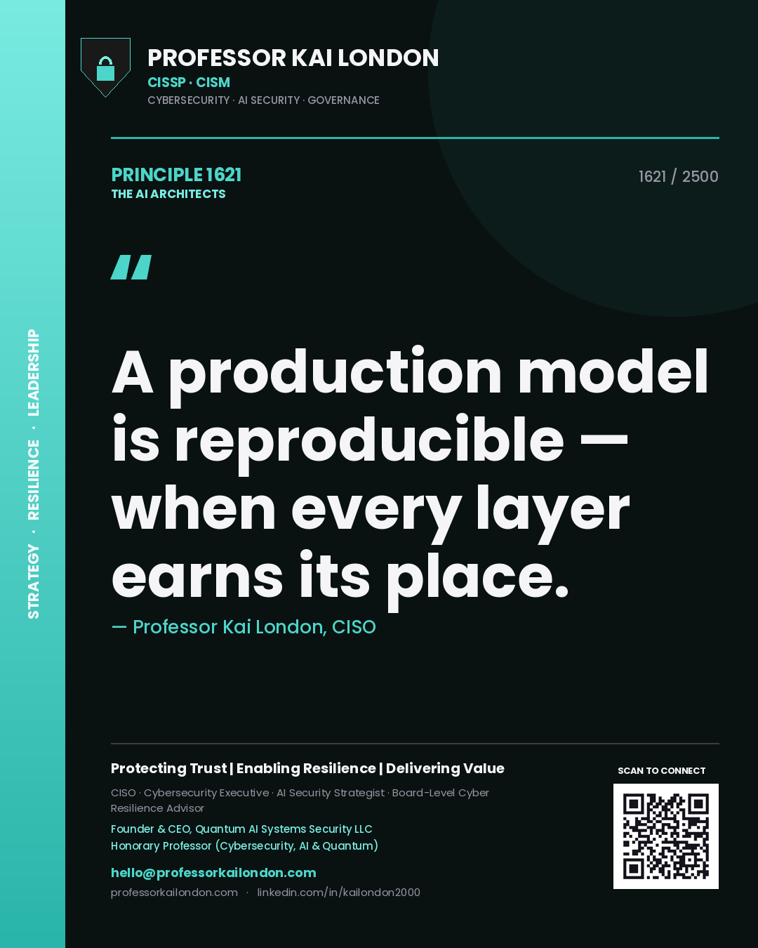 Professor Kai London principle 1621: A production model is reproducible — when every layer earns its place.