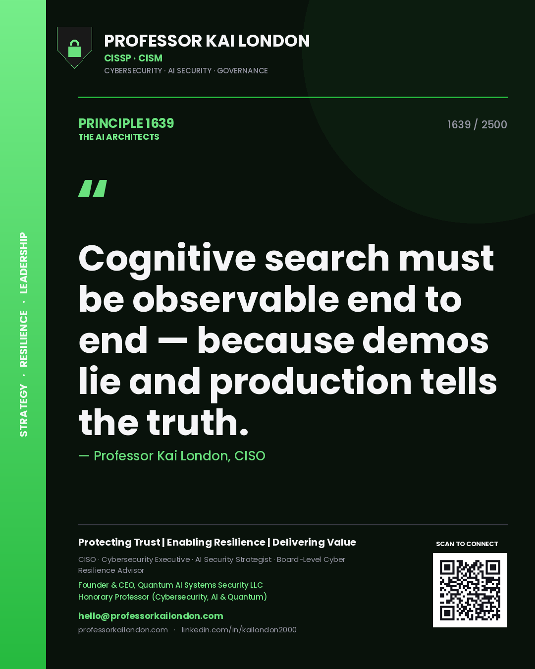Professor Kai London principle 1639: Cognitive search must be observable end to end — because demos lie and production tells the truth.