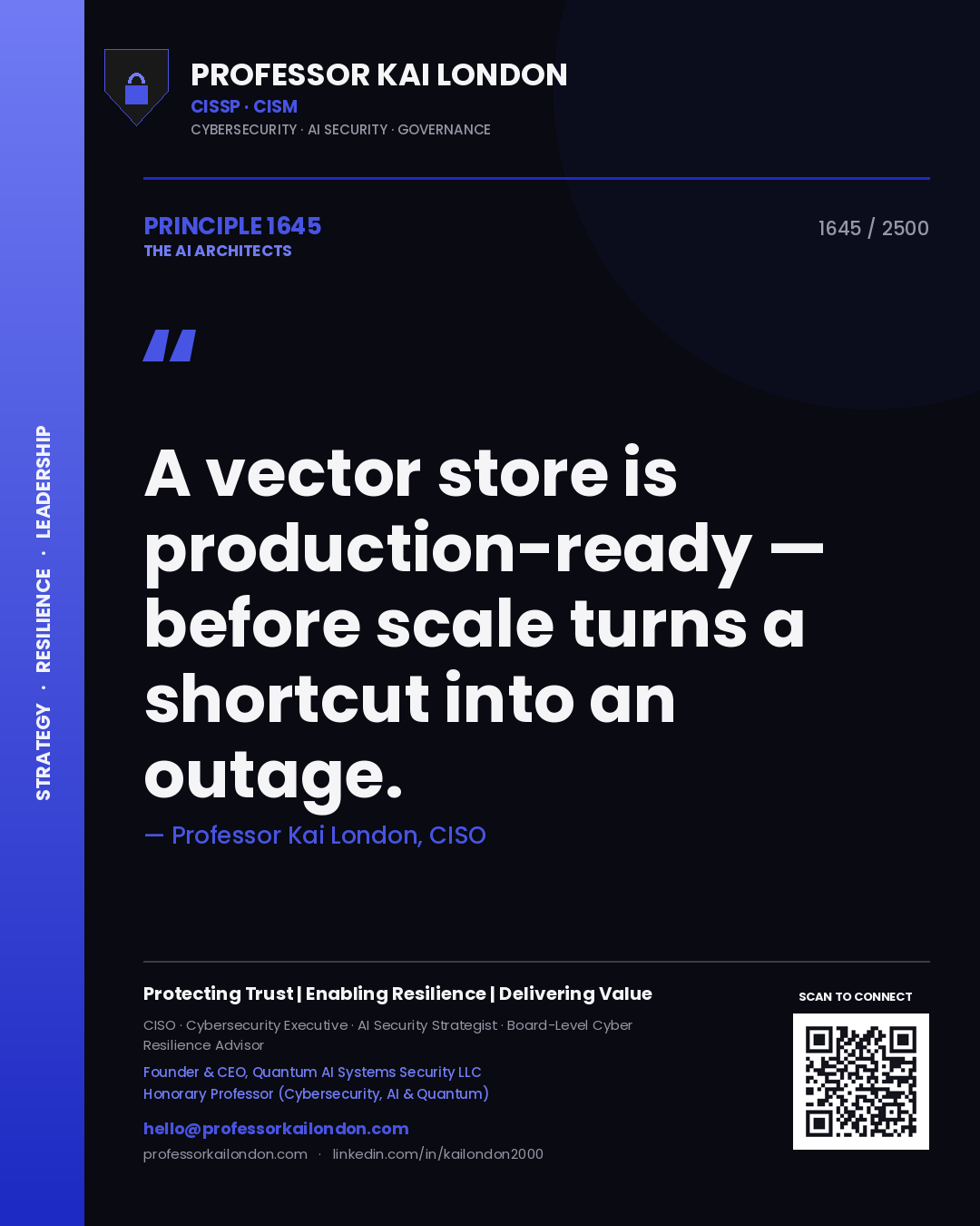 Professor Kai London principle 1645: A vector store is production-ready — before scale turns a shortcut into an outage.