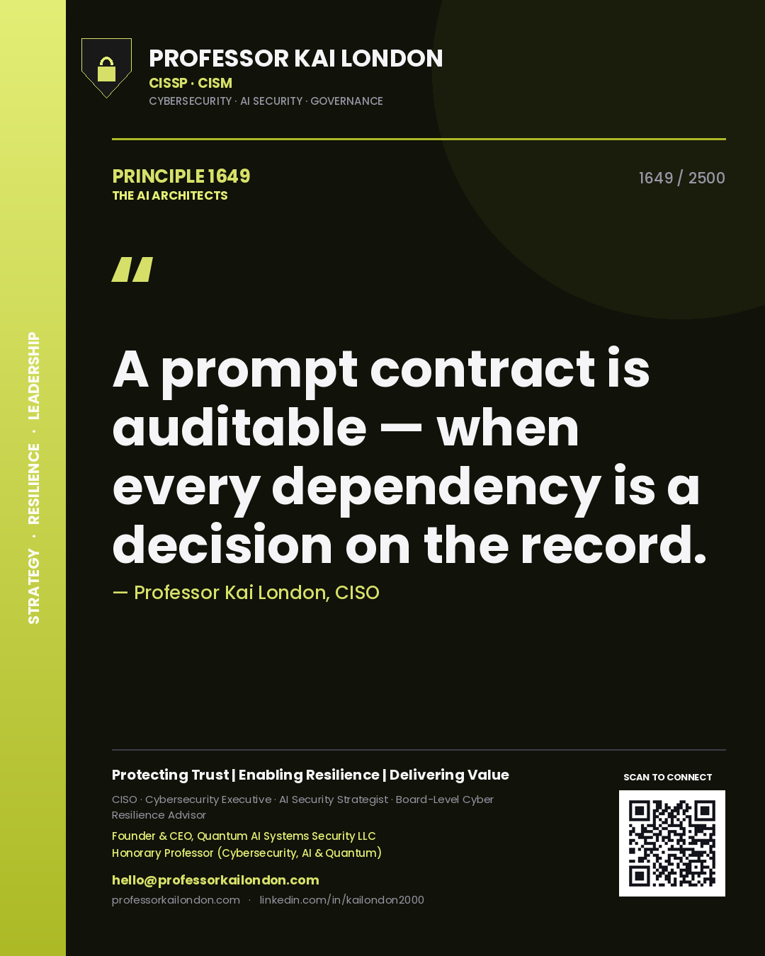 Professor Kai London principle 1649: A prompt contract is auditable — when every dependency is a decision on the record.