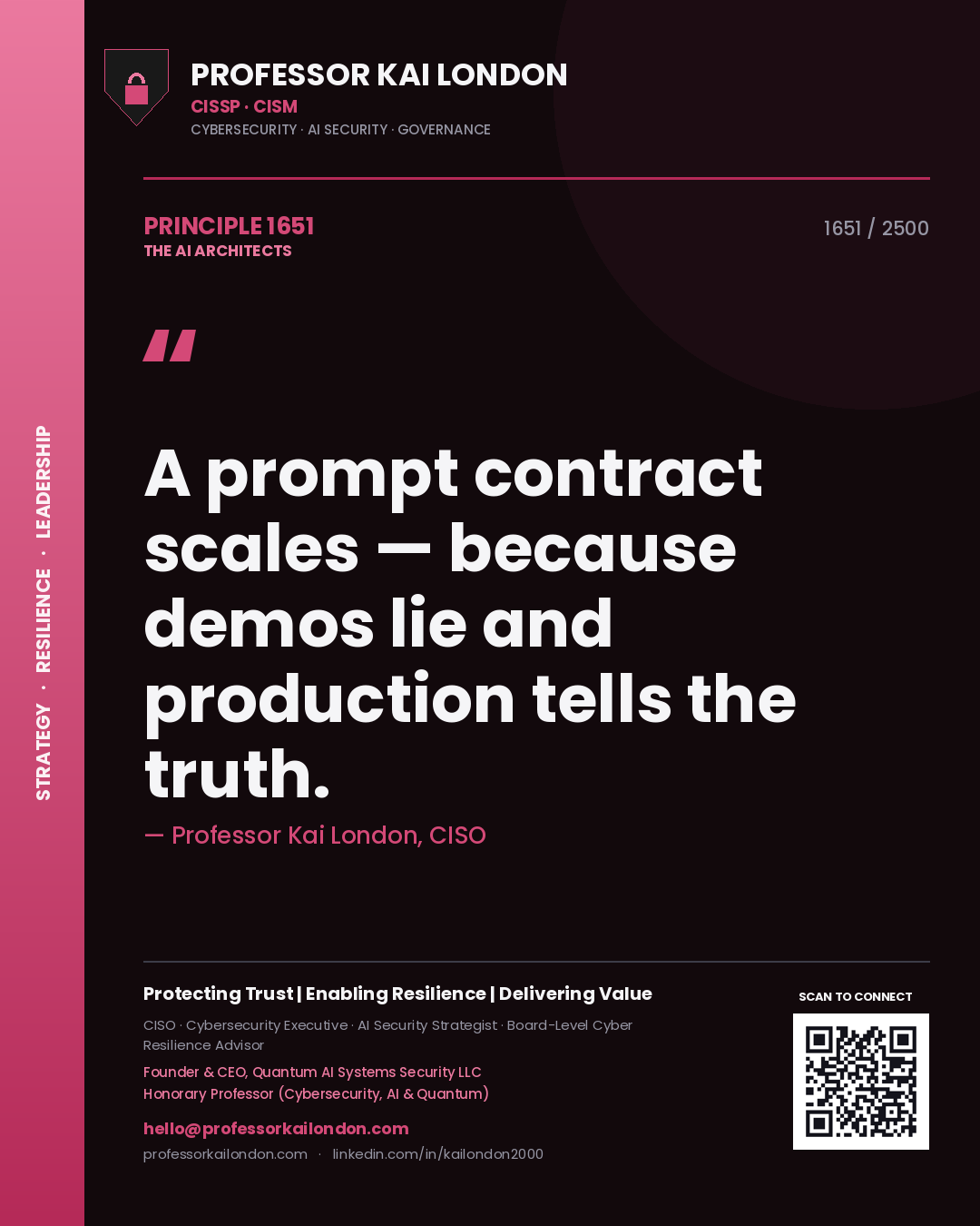 Professor Kai London principle 1651: A prompt contract scales — because demos lie and production tells the truth.