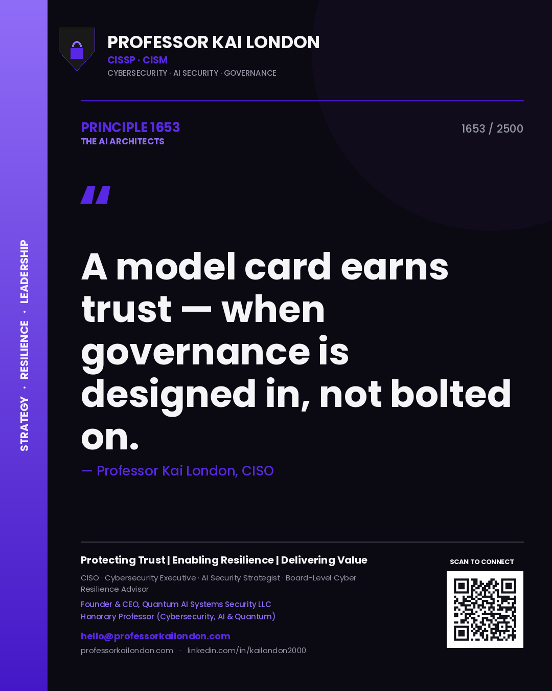 Professor Kai London principle 1653: A model card earns trust — when governance is designed in, not bolted on.