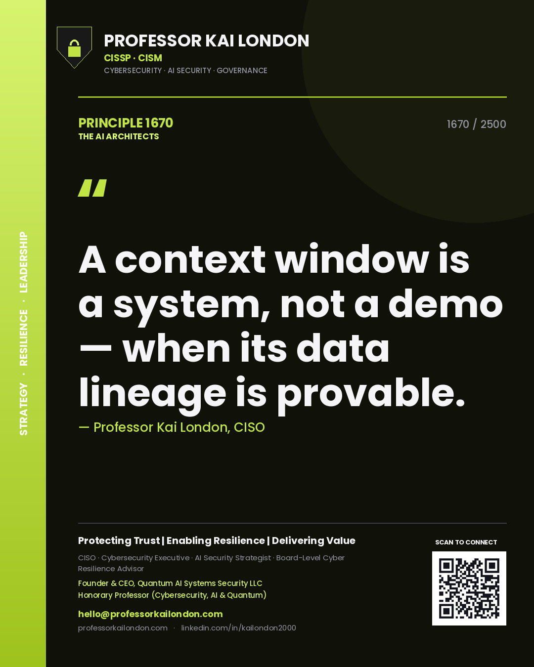 Professor Kai London principle 1670: A context window is a system, not a demo — when its data lineage is provable.