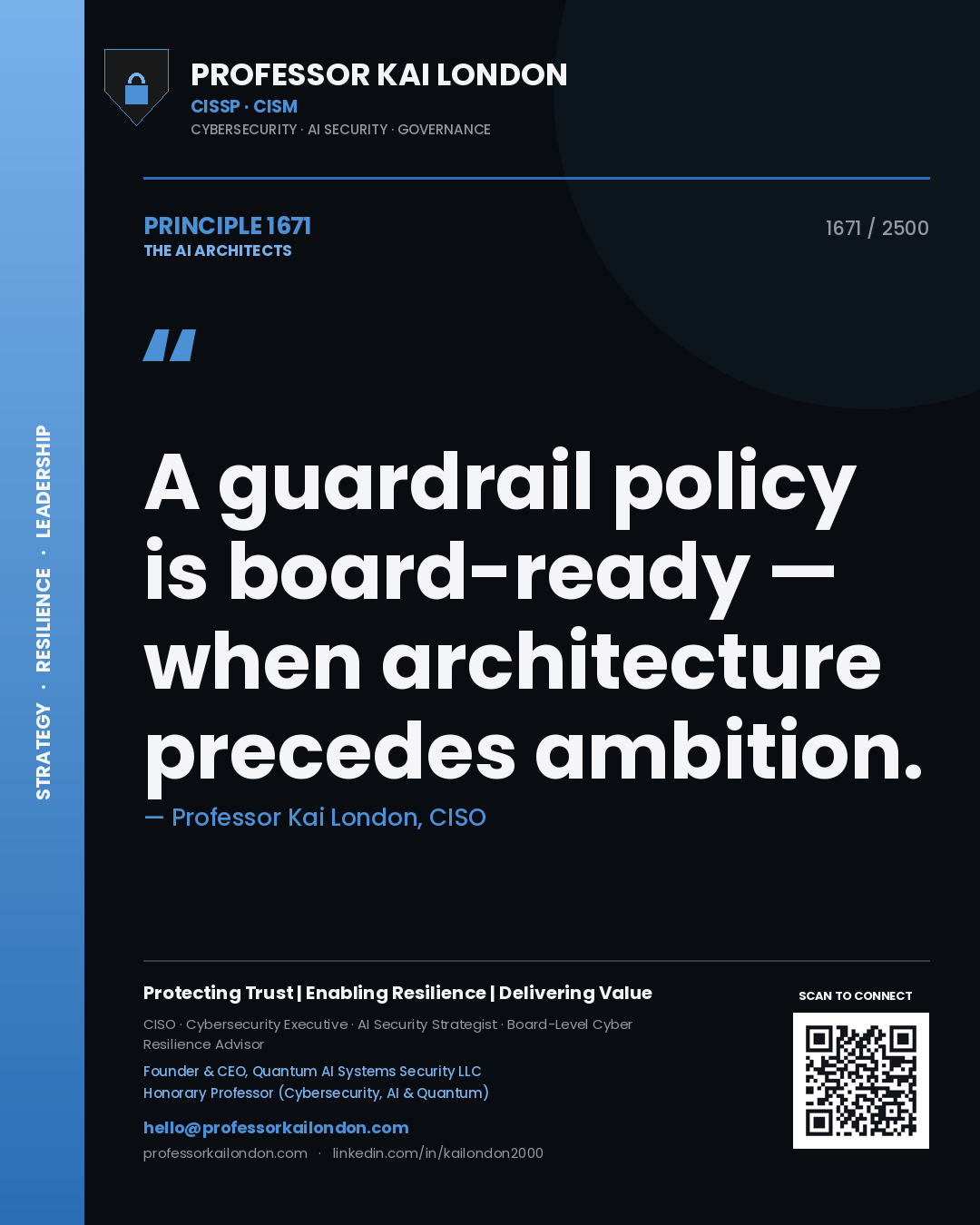 Professor Kai London principle 1671: A guardrail policy is board-ready — when architecture precedes ambition.