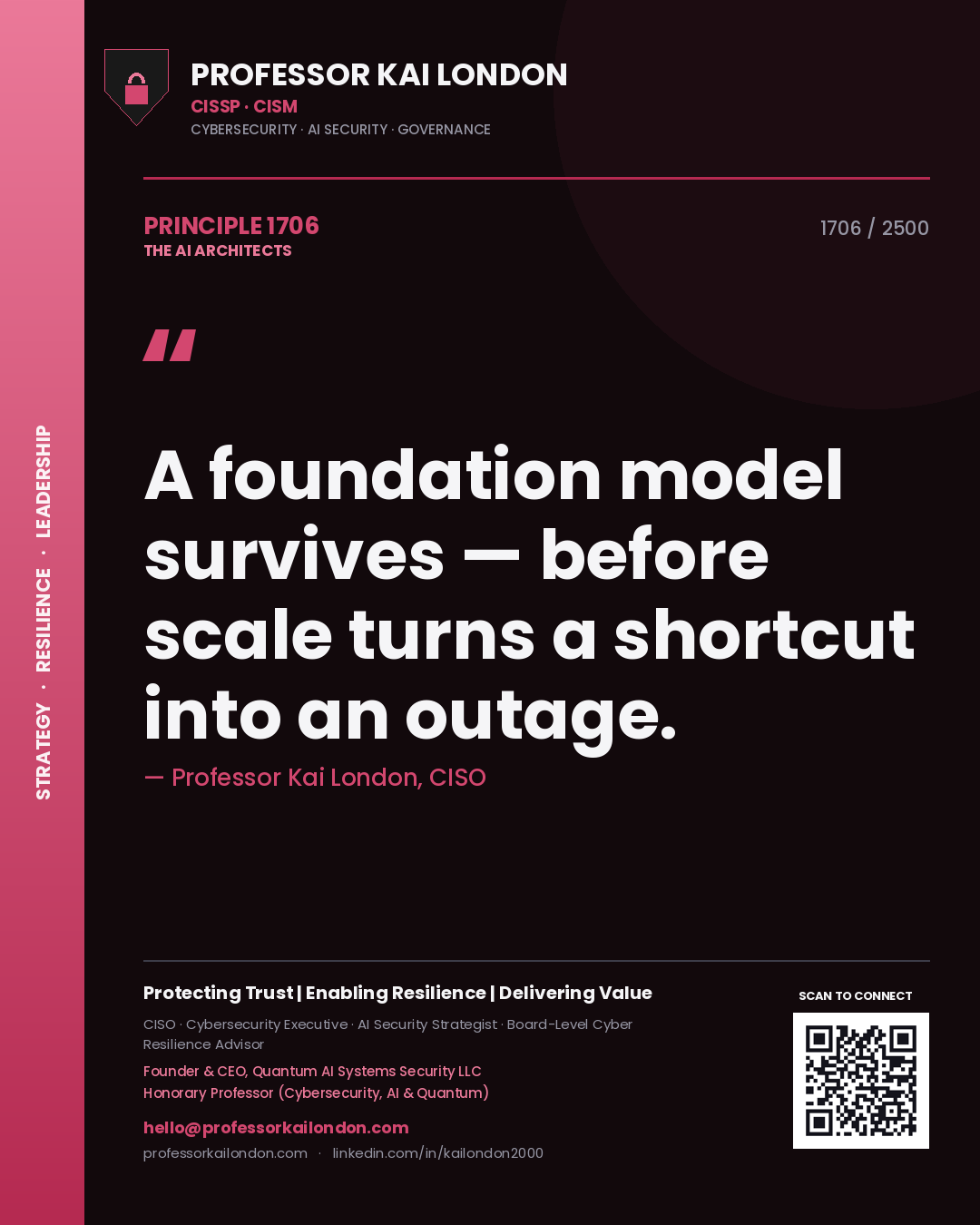 Professor Kai London principle 1706: A foundation model survives — before scale turns a shortcut into an outage.