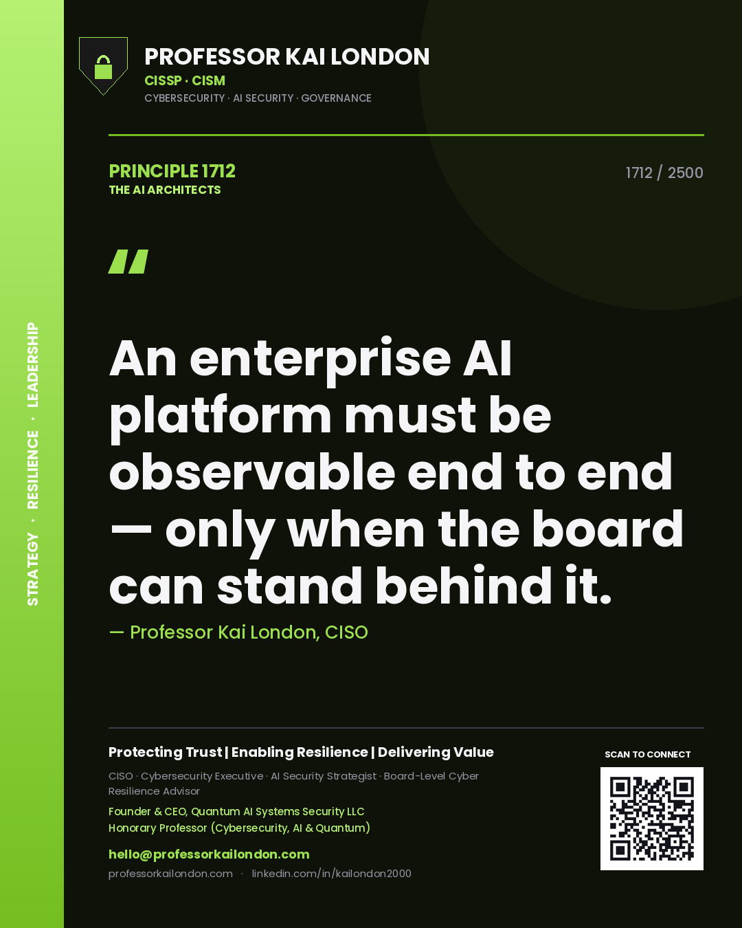Professor Kai London principle 1712: An enterprise AI platform must be observable end to end — only when the board can stand behind it.