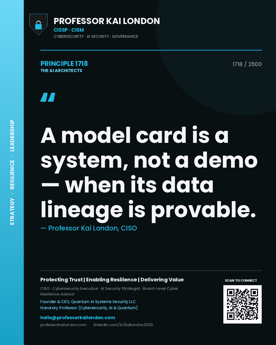 Professor Kai London principle 1718: A model card is a system, not a demo — when its data lineage is provable.
