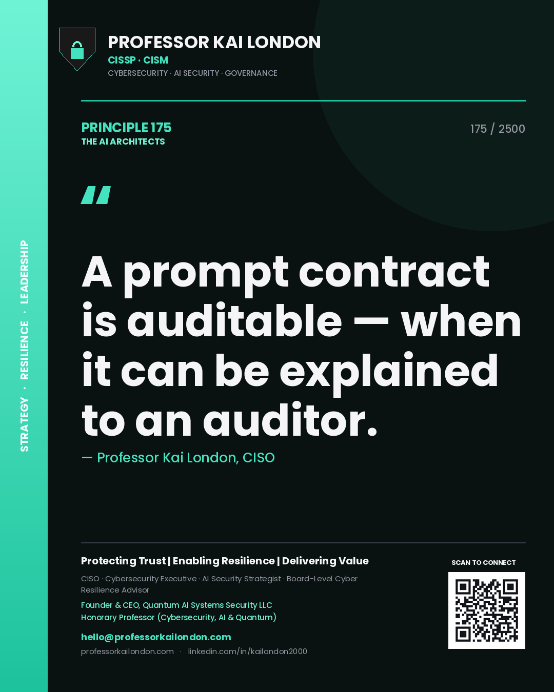 Professor Kai London principle 175: A prompt contract is auditable — when it can be explained to an auditor.