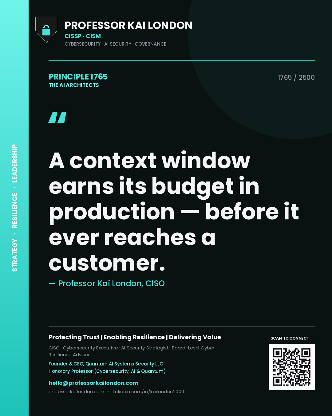 Professor Kai London principle 1765: A context window earns its budget in production — before it ever reaches a customer.