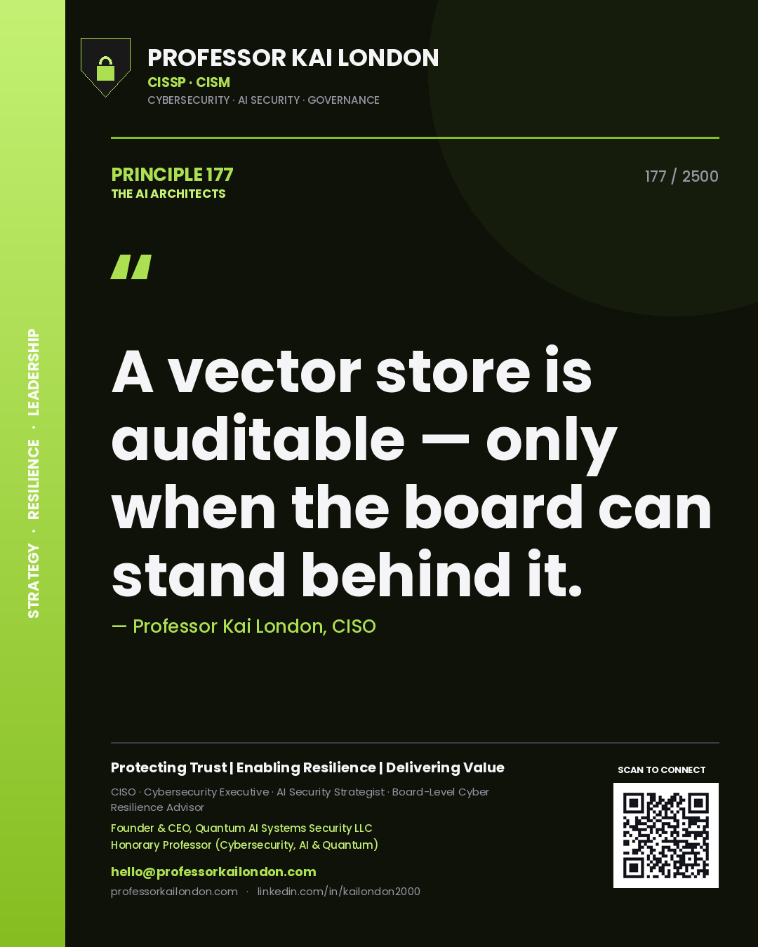 Professor Kai London principle 177: A vector store is auditable — only when the board can stand behind it.